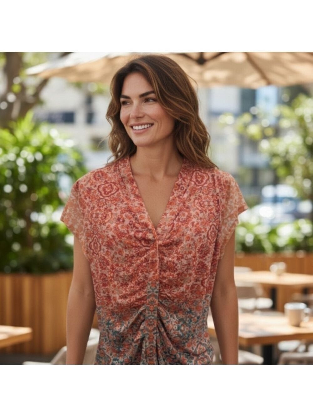 DR2 Women's Floral Blouse Orange Green Lined V Neck Large